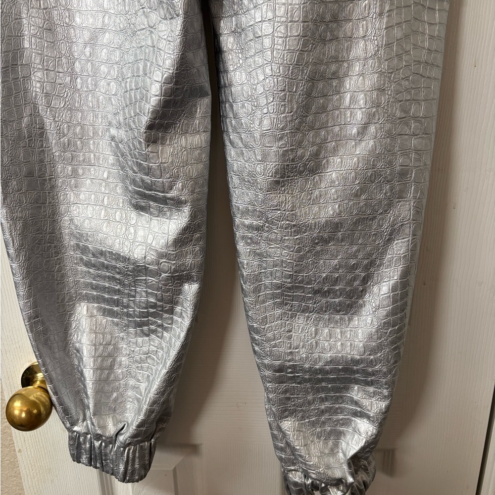 NAKED WARDROBE The Crocodile Faux Leather Joggers Metallic Silver Size Small NWT - Picture 10 of 13
